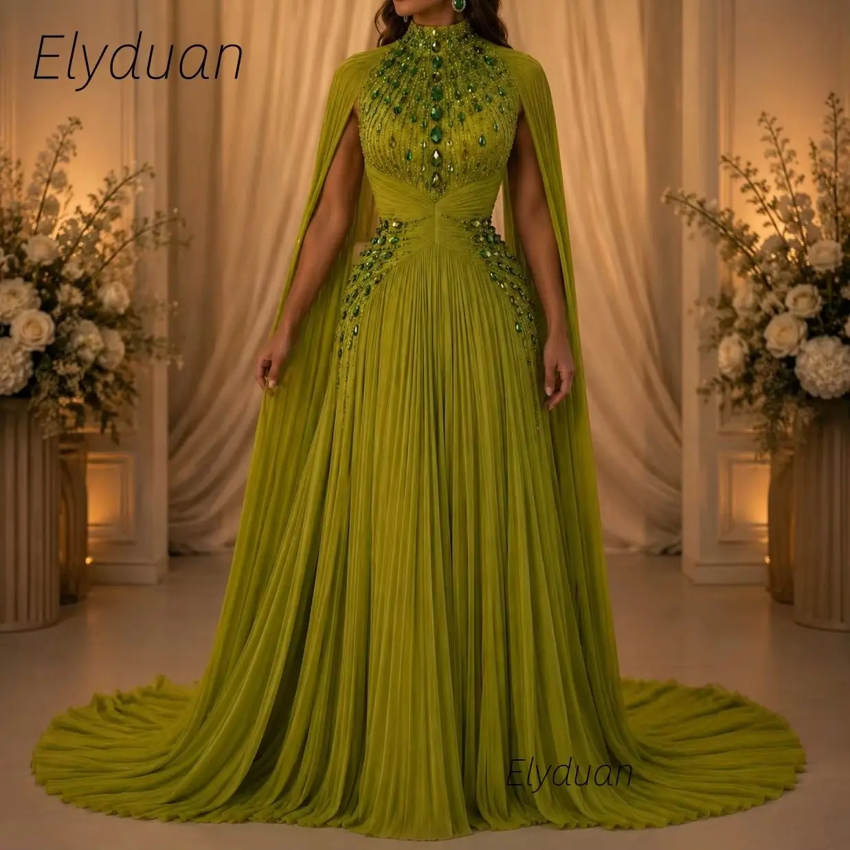 Elegantes, lindgrünes Abendkleid mit hohem Kragen, Cape-Ärmeln, Perlenbesatz, gerafftem Chiffon, A-Linie, bodenlang, formelles Ballkleid, individuell gestaltet