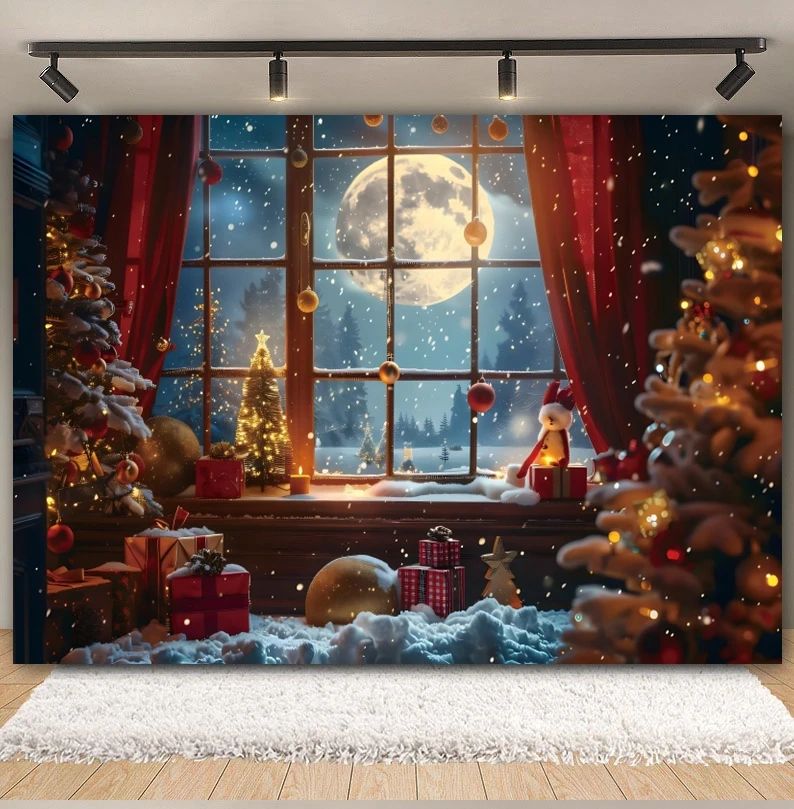 Merry Christmas Photography Backdrop Xmas Tree Winter Window Fireplace Santa Claus Gifts Xmas Eve Family Party Photo Background