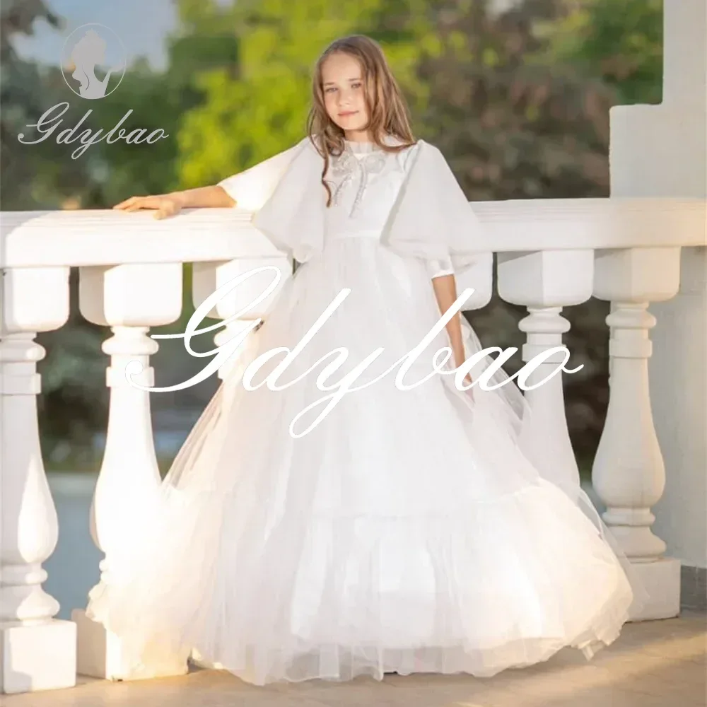 Elegant Applique Half Puff Sleeve Pleat Long Ball First Communion Dress Floor Length Formal Classic Flower Girl Gown Customized