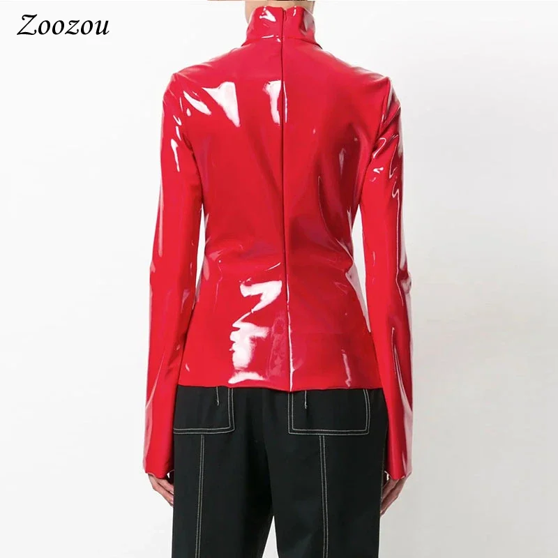 Women Shiny Faxu Leather Plus Size Turtleneck Tops Ladies Glossy Zipper PVC Pullover Black Red PU Leather 4XL 5XL 6XL Clothes