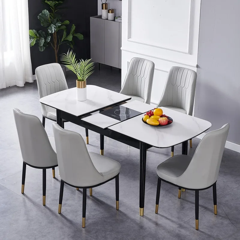 

Dining table rock slab solid wood household chair combination telescopic simple induction cooker dining table children