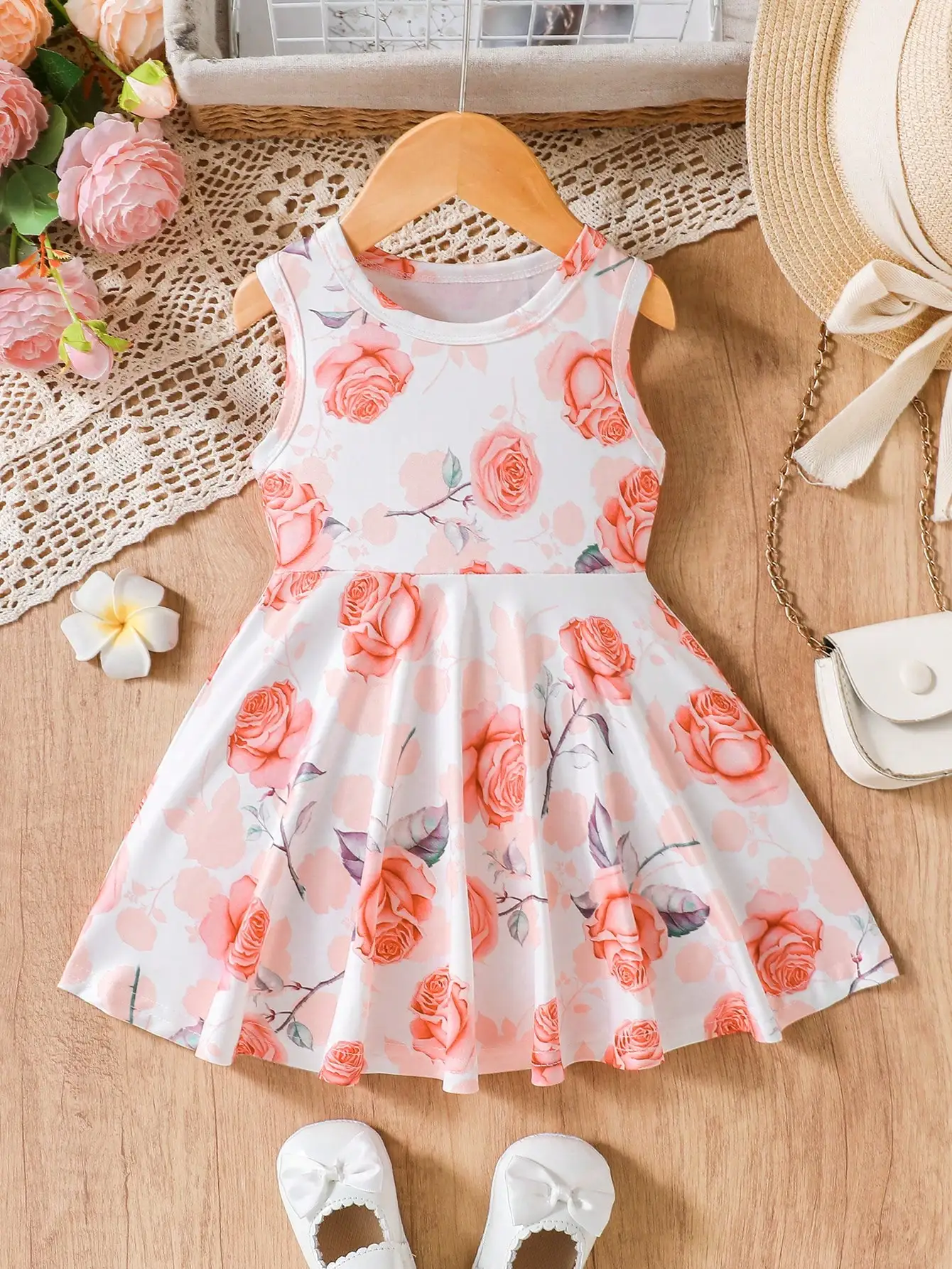 

Summer Floral Print Sleeveless Dress for Baby Girls, Round Neck, Casual Polyester Spandex Blend, Infant, Baby