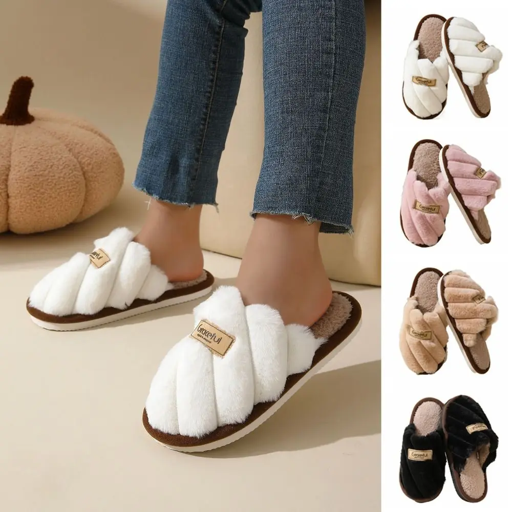 

Fashion Stripe Plush Slippers Fluffy Non-Slip Soft Home Slippers Homewear Shoes Thicken Warm Winter Indoor Slippers Indoor