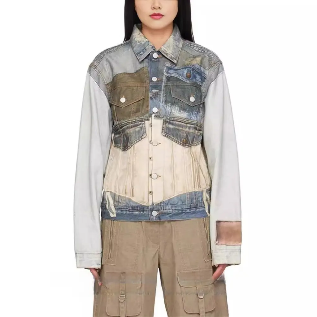 

Women's Slimming Fashionable Denim Jacket with Hole Visual Print American Retro Style Tight Waist Jacket