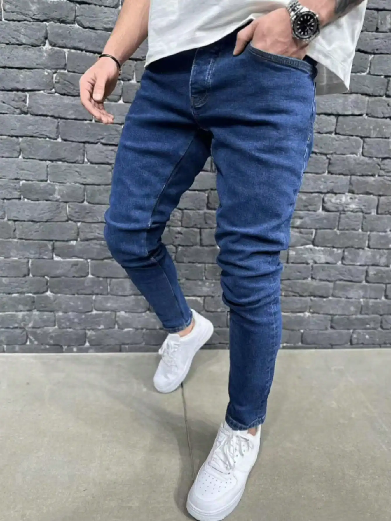 Men's slim fit jeans, tailored fit, long length jeans, multi pocket design, light pastel blue color, suitable for both work and