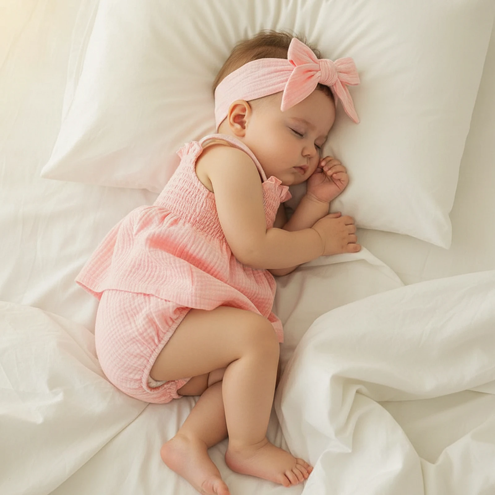 Baby Girl Summer Outfits Soft Solid Color Ruffled Trim Smocked A Line Sleeveless Tops Shorts Headband 3 Pcs Set