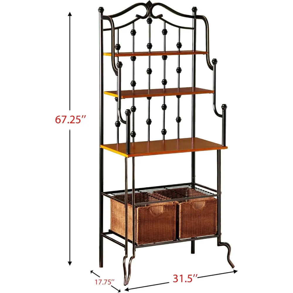 Walnussfarbene Regale auf einem Black Metal Baker's Rack