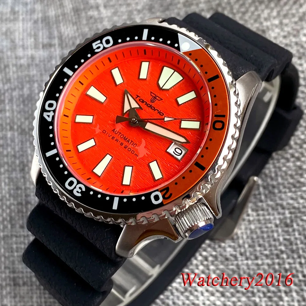 Orange Dial Tandorio 24 Jewels NH35A Automatic Mechanical Dive Watch For Men Date Window Sapphire Crystal Steel Bracelet