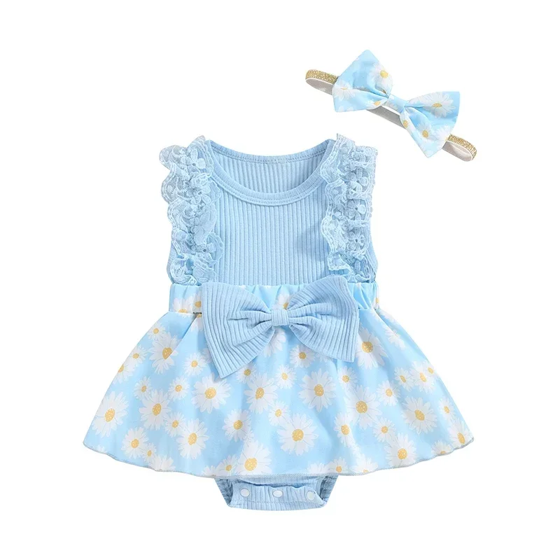 

Baby Girl Summer Jumpsuit Daisy Print Cute Bow Sleeveless Romper Dress and Headband Set Cute Fashion Clothes Outfits