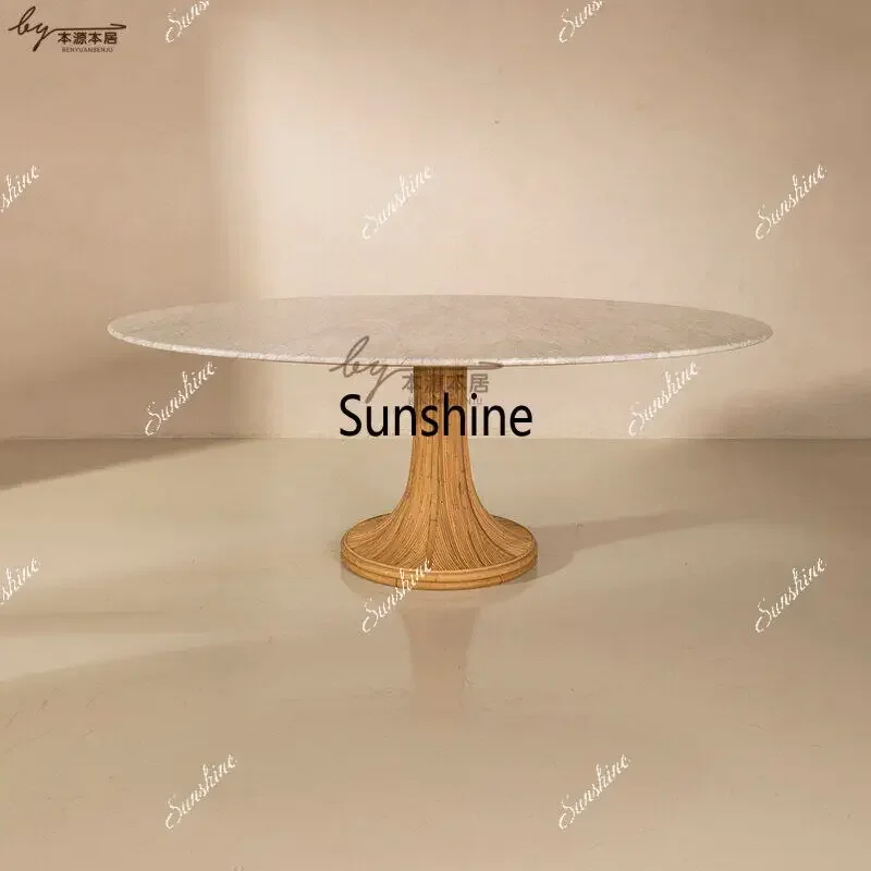 Medieval solid wood dining table light luxury modern retro high-end small round table  FT