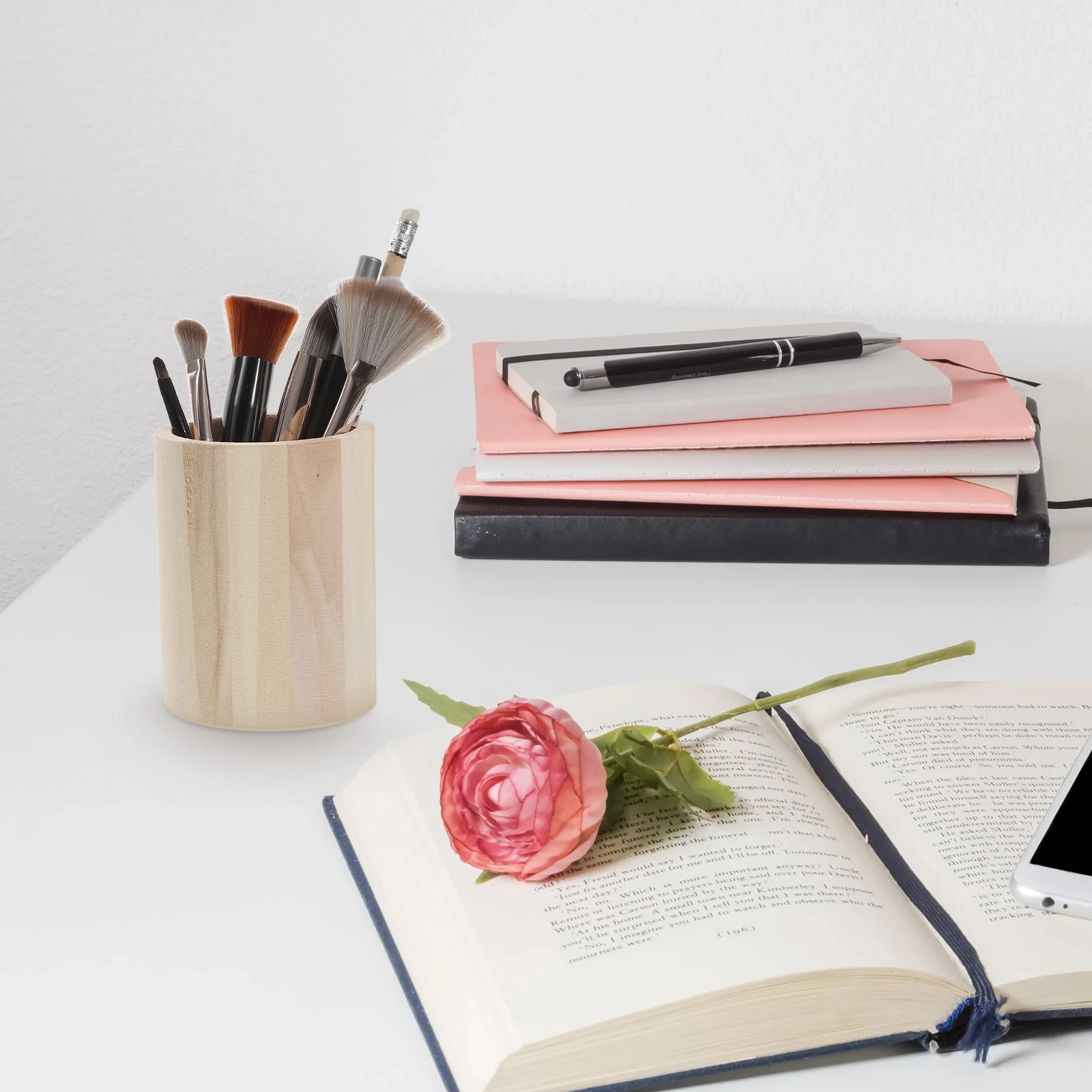 

3pcs Wood Pen Holder Pencil Holder For Desk Makeup Brush Storage Cup Office Organizer Space-Saving Desktop Wooden Container