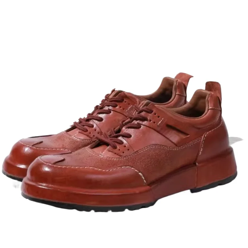 Handmade Retro Board Shoes for Men's Thick Soled Cowhide/Washed Horsehide Sports and Casual Sneakers Genuine Leather Dad's Shoes