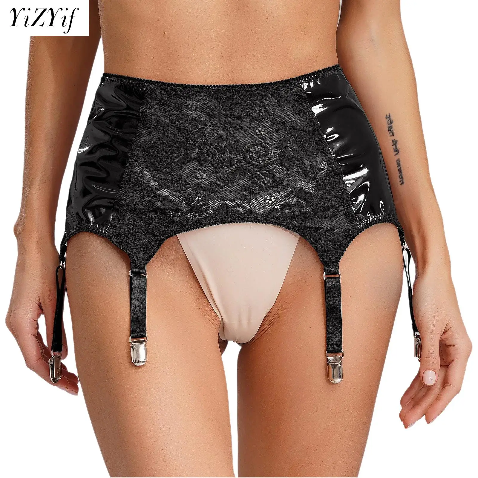 

Vintage Suspender Belt Sexy Women Flower Lace PU Leather Garter Belt for Thigh High Stockings Retro Suspender 6 Clips Lingerie