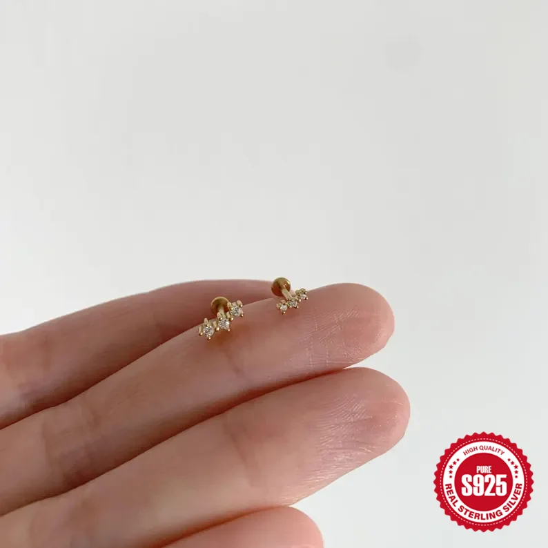 AIDE 925 Sterling Silver Tiny Rivet Three Geometric Zircon Flat Head Ear Bone Piercing For Women Party Birthday Gifts
