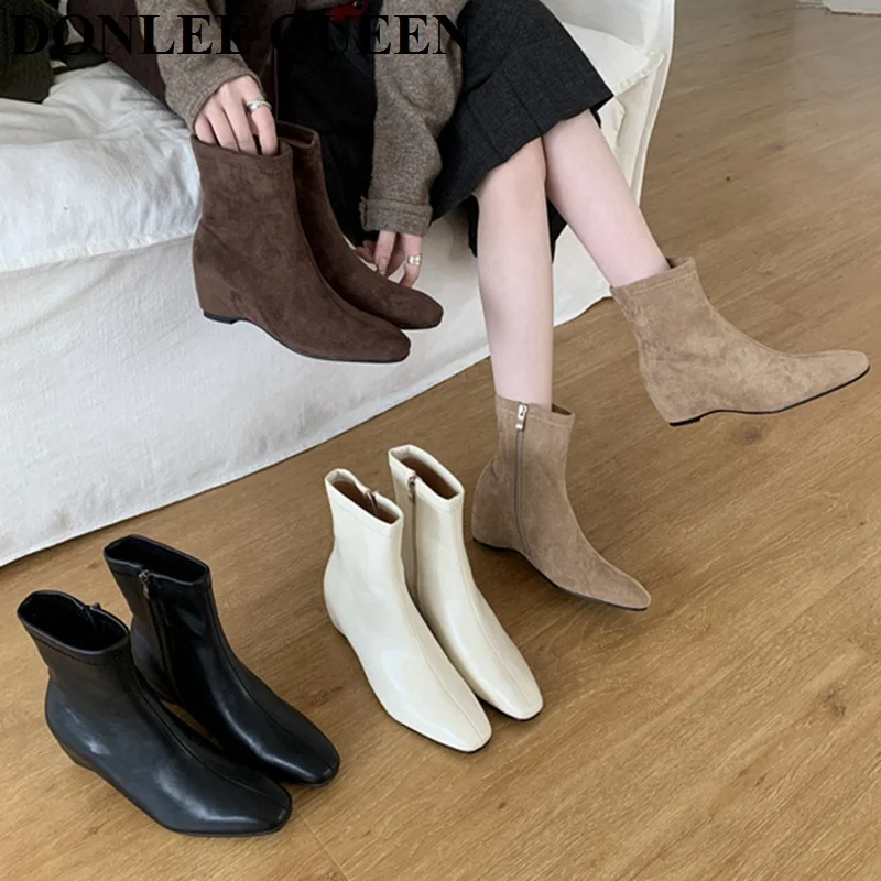 

2025 Winter Short Boots Women Ankle Booties Fashion Square Toe Wedges Heels Chelsea Boots Low Heels Suede Elegant Shoes Footwear