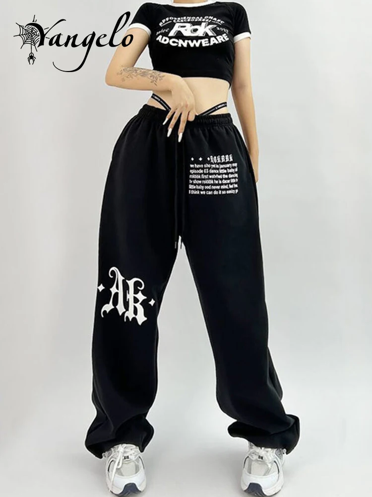 

Yangelo Y2K Letter Printing Loose Sweatpants Female Hiphop Elastic Lace-up Dance Jazz Pants Street Hip Hop Sportswear