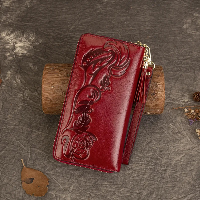 MOTAORA Vintage Women's Leather Wallet 3D Embossed Floral Clutch Bag Genuine Cow Leather Coin Purse Ladies Small Wallet 2025 NEW