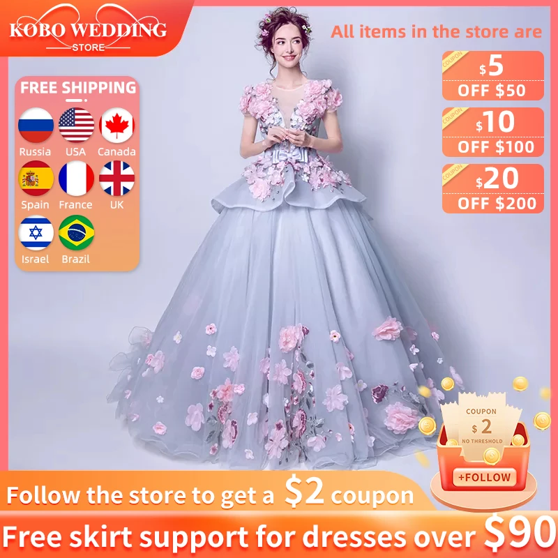 Grey Quinceanera Jurken 2022 Sweet 15 Prom Jassen 2 In 1 Princess Party Baljurk 3D Roze Bloem Organza Sheer hals