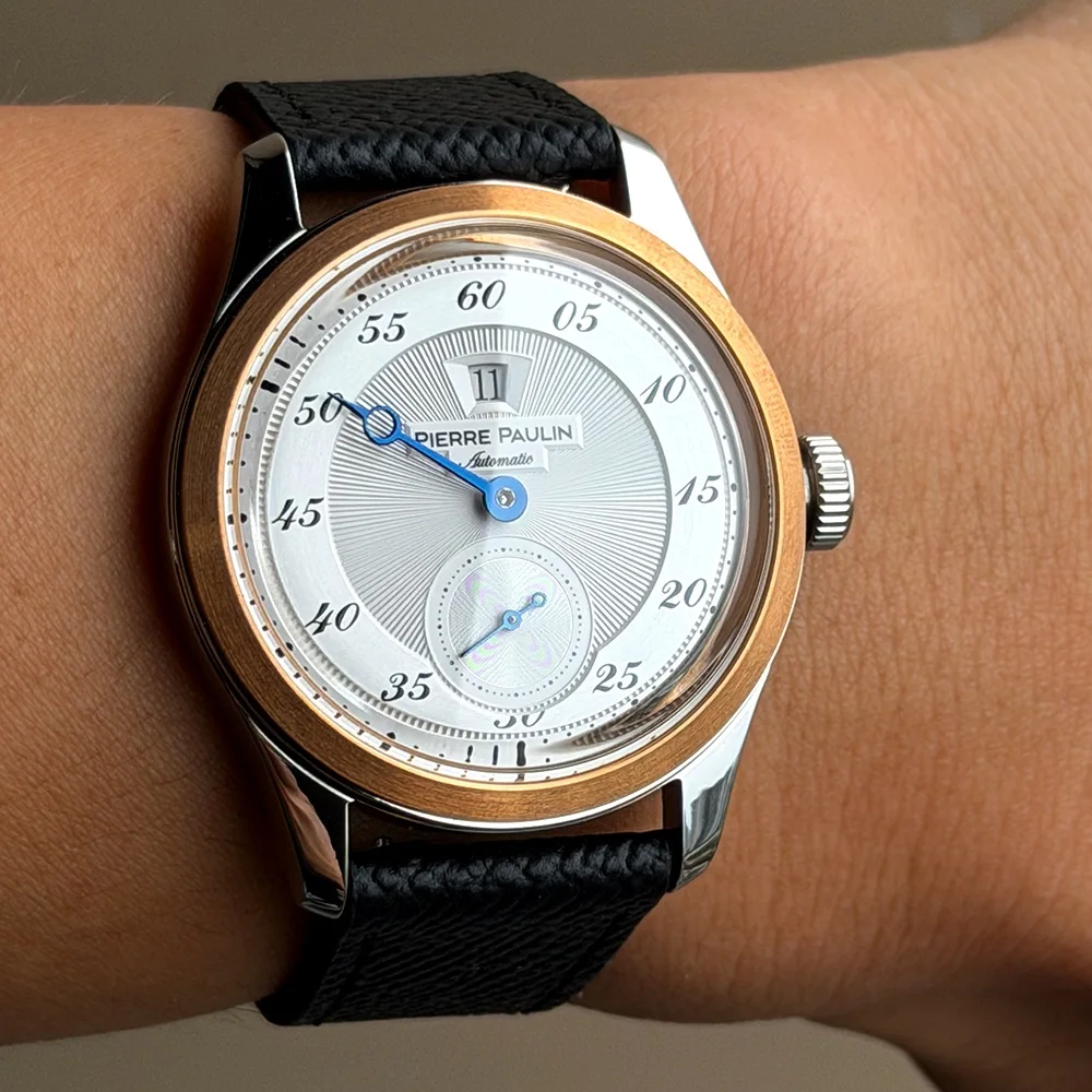 Pierre Paulin Jumping Hour Herrenuhr, Bronze-Lünette, Lachs-Zifferblatt, automatische St1721, mechanische Uhr, Vintage-Datumsfenster, 38 mm, modisch