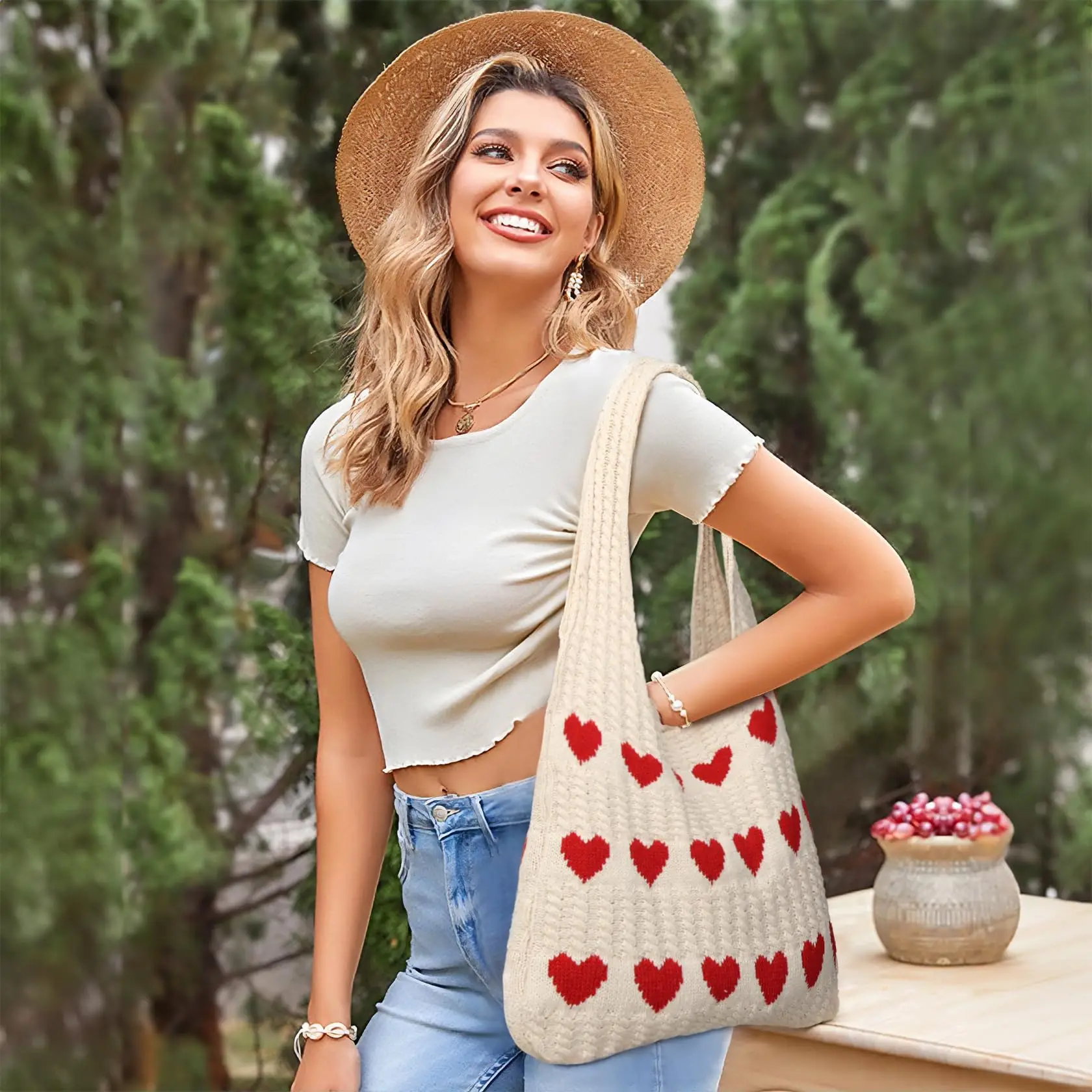 Gestrickte Schulter-Tragetasche Große Häkel-Strandtasche Hobo-Tasche Ästhetische Tragetaschen für Frauen – Detail 6