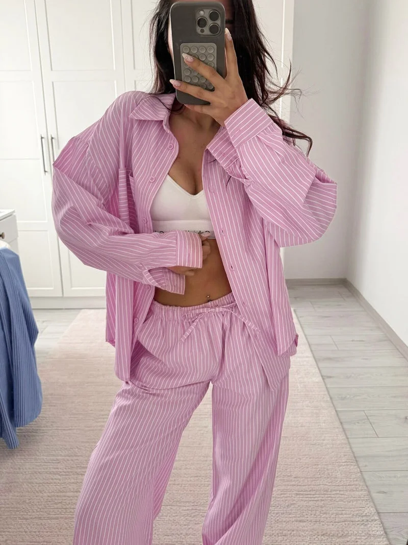 

Streetwear Striped 2 Piece Sets Women Outfits Autumn Clothes Women Long Sleeved Shirt Top Pants Sets Casual Tracksuits Woman Set