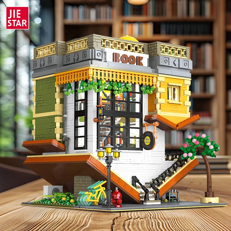 Luxury JIESTAR 89130 Technical Building City Street View Desk Orn Model Inverted Bookstore Block Assembly DIY Toy Christmas Gift