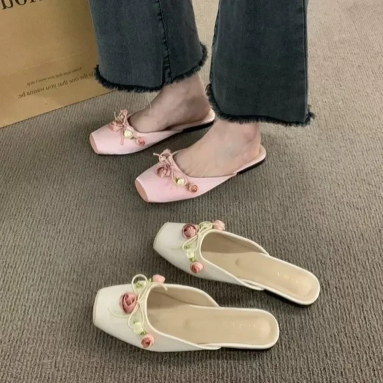 Designer 2024 Summer Square Toe Women Mules Slippers Fashion Slip On Slides Shoes Ladies Elegant Outdoor Flats Sandalias Shoes