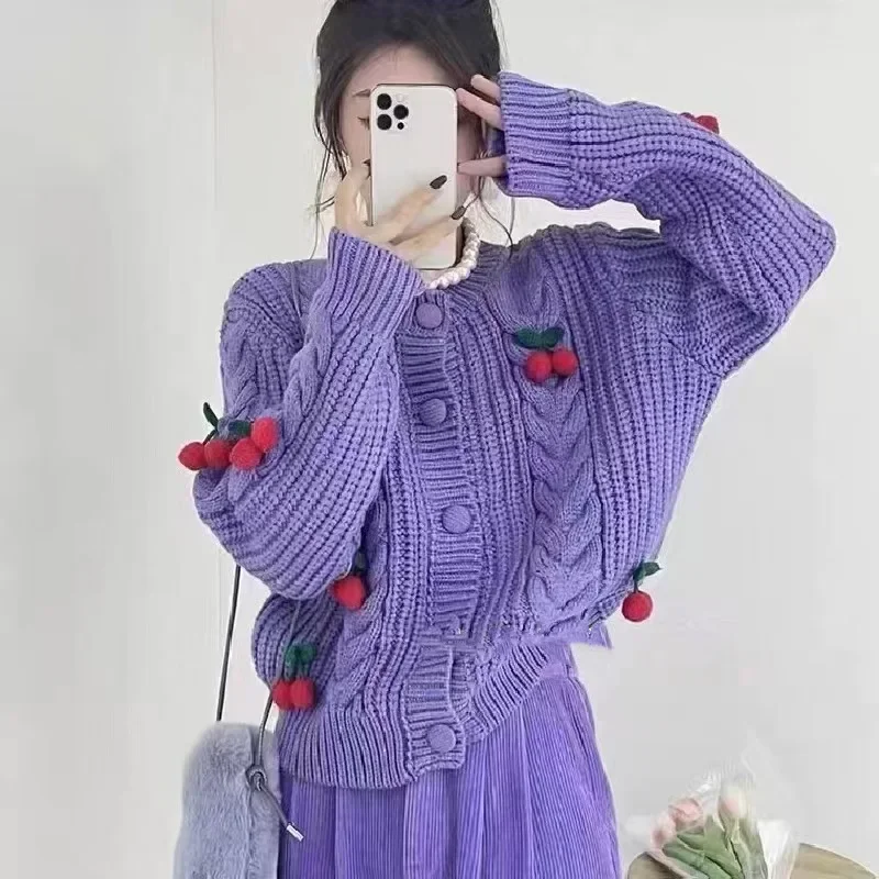 3d Cherry Sweet Cardigan Sweaters Women Casual Elegant Long Sleeve Korean Knitted Coat Fall Loose Fashion Design Female Top