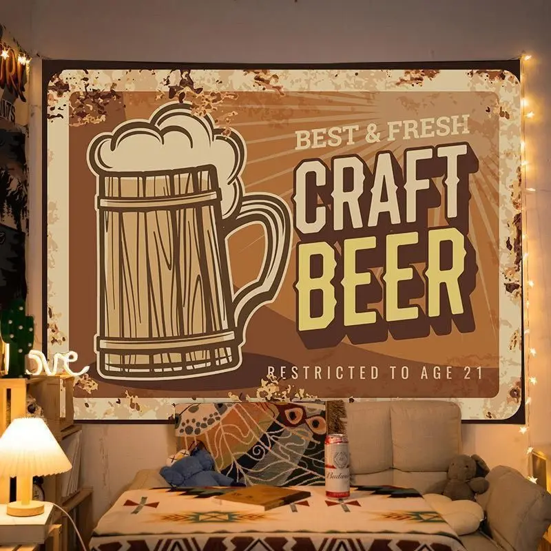 VIKAMA Vintage Freshly Brewed Beer Sign Wall Hanging Tapestry Home Room Decor Bar Pub Man Cave Retro Alcohol Art Soft Durable