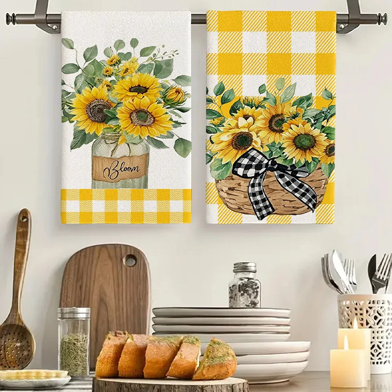 2Pcs, Sunflower Kitchen Towels, 40Cm*60Cm Towel Set, Super Absorbent Soft Cleaning Cloth, Cooking and Baking Tea Towel, Hand Towel, Cleaning Cloth, Dishcloth, Kitchen Decoration, Living Room Decoration, Kitchen Essentials, Home Essentials