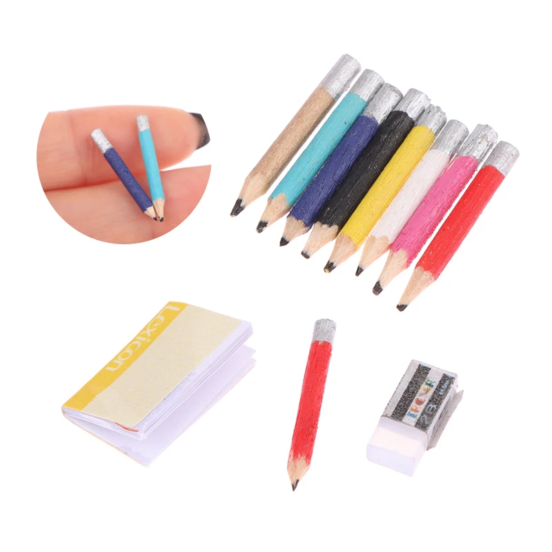 

8Pcs 1:6 Dollhouse Miniature Pen Mini Colored Pencil Model School Supplies Doll House Decor Accessories Kids Pretend Play Toys