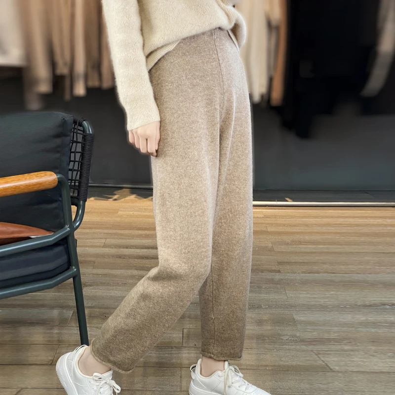 Pantaloni in Cashmere monocromatico da donna, abbigliamento esterno imbottito lavorato a maglia, vestibilità ampia, pantaloni dritti, autunno e