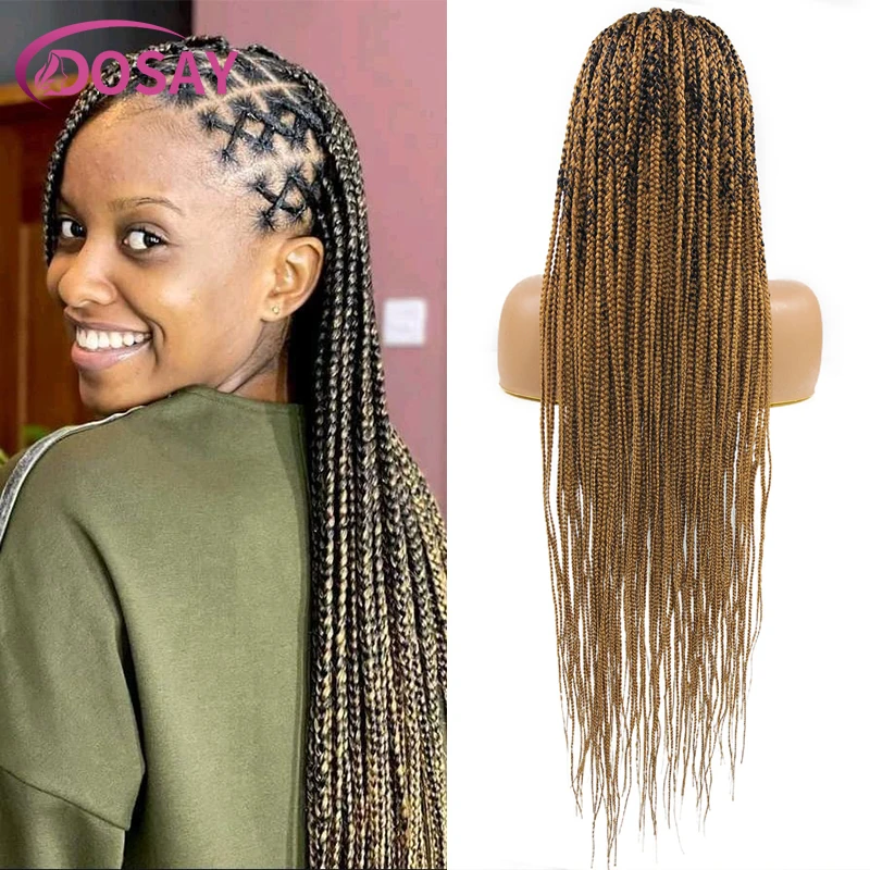 Full Lace Criss Cruz Trança Peruca, Ombre Loira, Box Tranças, Peruca com o cabelo do bebê, Knotless, Cornrow Trançado Perucas, 36"