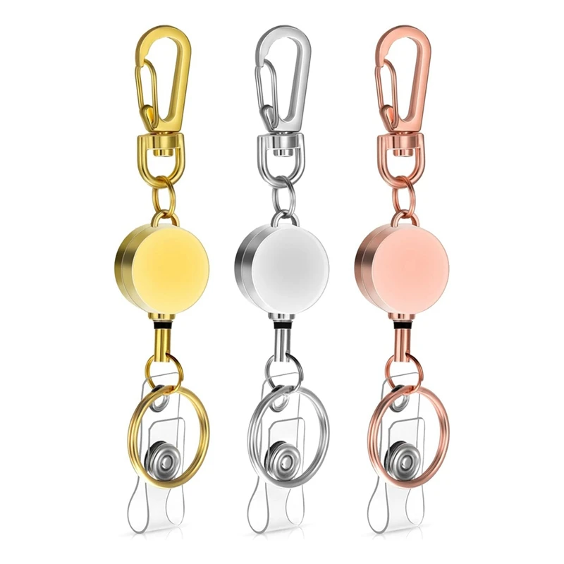 3 Piece Retractable Badge Reel, Gold & Silver & Rose Gold Metal Keyring Chain Carabiner Keychain Belt Clip ID Badge Holder