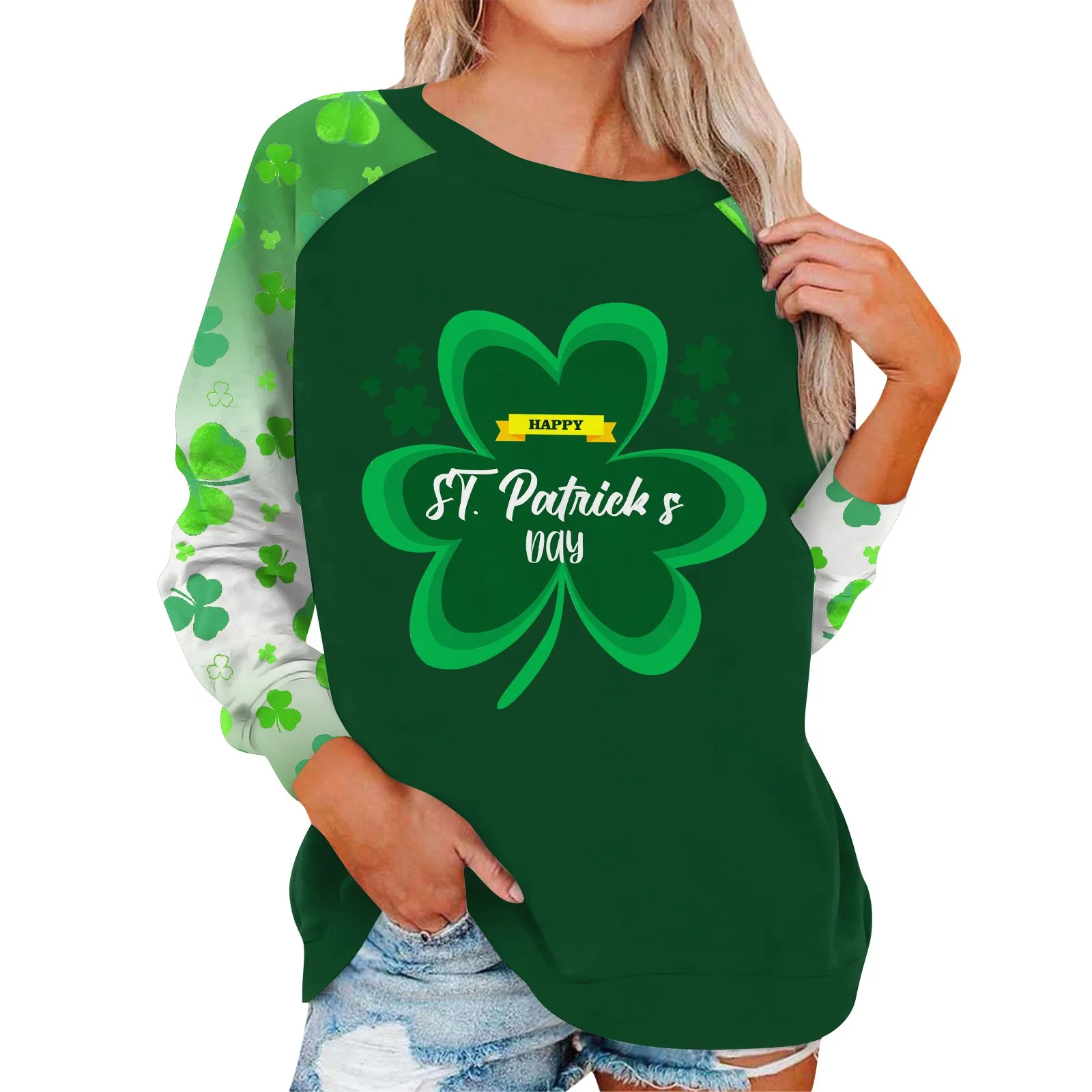 

Women's T Shirt Clovers Print T Shirt Women Fashion Round Neck T-shirts Long Sleeve Tops Tees St Patrick’s Day Tops Women