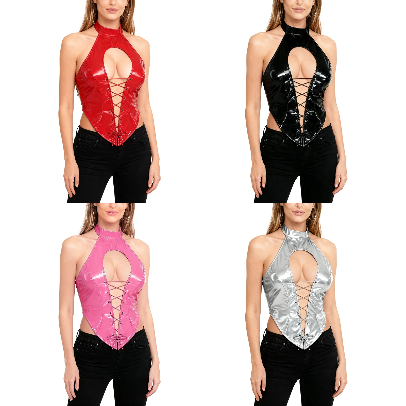 Sissy – haut court en cuir PU pour femmes, Look mouillé, col licou, découpe sur le devant avec lacets, dos nu, débardeur pour soirée en Club, Lingerie