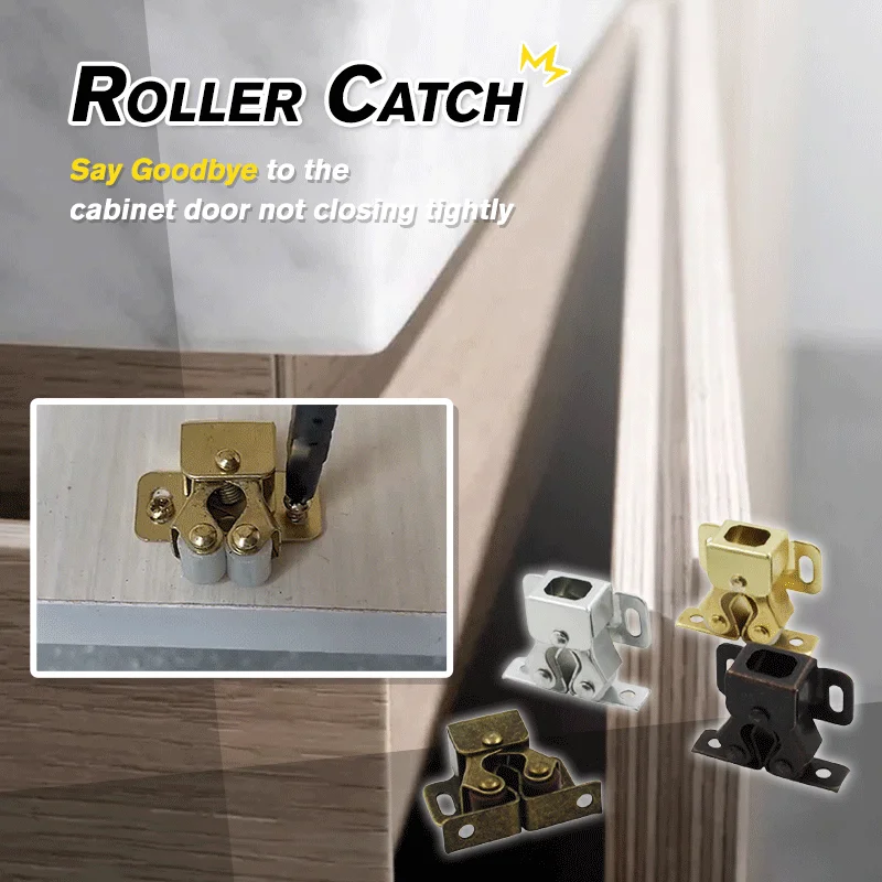 2set Retro Cabinet Door Double Roller Catch Ball Latch with Prong Hardware Copper Tone Cupboard Door Latch Hook With 4 Screws