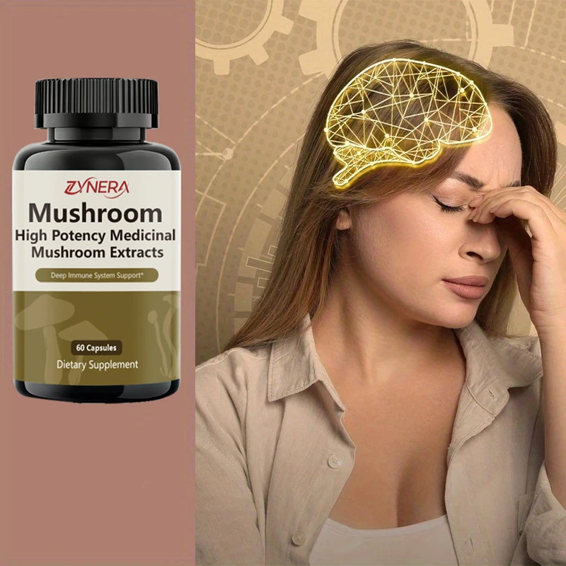 Mushroom Complex Capsules Supplement Support Immunity and Focus Health Boost Memory Protect Brain Nerves for men women stressful