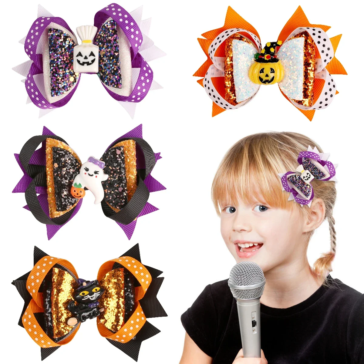 ncmama Halloween Hair Clip Chunky Glitter Grosgrain Ribbons Bows Hairpins Halloween Accessories Hair Accessories 7.6x10cm 1pc