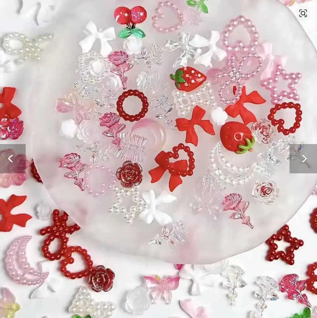 Random Mixed Sweet Red White Series Nail Charms 3D Resin Hollow Out Heart Bow Strawberry Cherry Nail Art Decorations Accessories