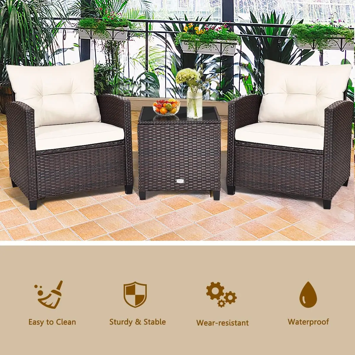 Juego de muebles de patio de 3 uds, sofá de mimbre PE con cojín lavable y mesa de centro, mesa de vidrio templado