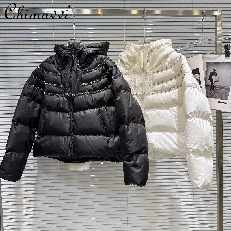 

2025 Winter Clothes New Heavy Drilled Edge Pleated Hooded Warm Cotton Coat Fashion Long-sleeve Loose Elegant Cotton Jacket