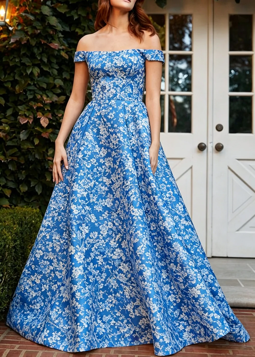 

Women's Elegant Off Shoulder Blue White Floral Dress Fitted Satin High Waist Full A Line Maxi Dress Formal Party Evening Gown