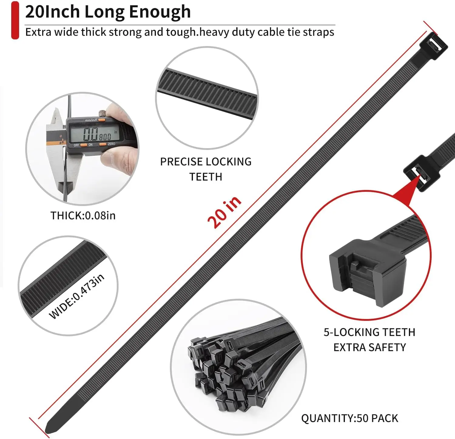 20 inch Zip Ties Heavy Duty 300 PCS, 250 LBS Ultra Strong Plastic Wire Ties, Large Cable Ties Extra Long Tie Wraps