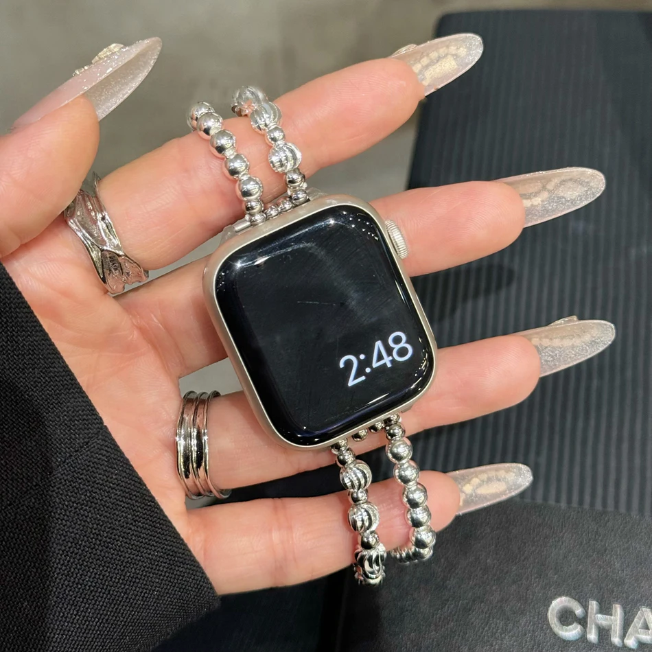 Cinturino in argento lucido con perline per Apple Watch UItra 10 9 8 7 6 SE Band iWatch Series 41 42 40 38 49 45 44 46mm Braccialetti Premium donna