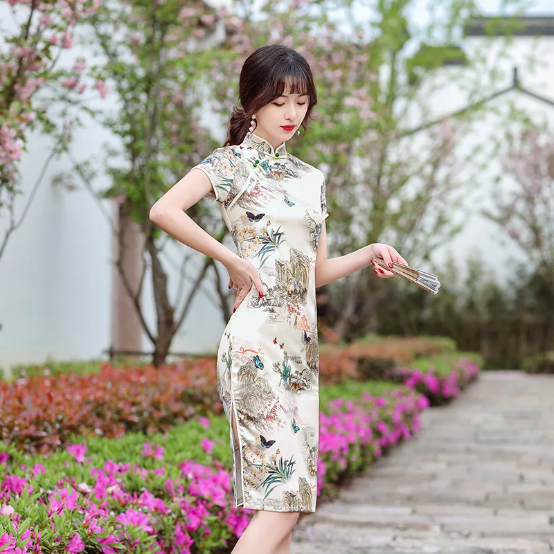 

2023 Mid-length Stand-up Collar Improved Cheongsam Vintage Fashion Cute Performance Qipao Chinese Style Evening Dress for Women