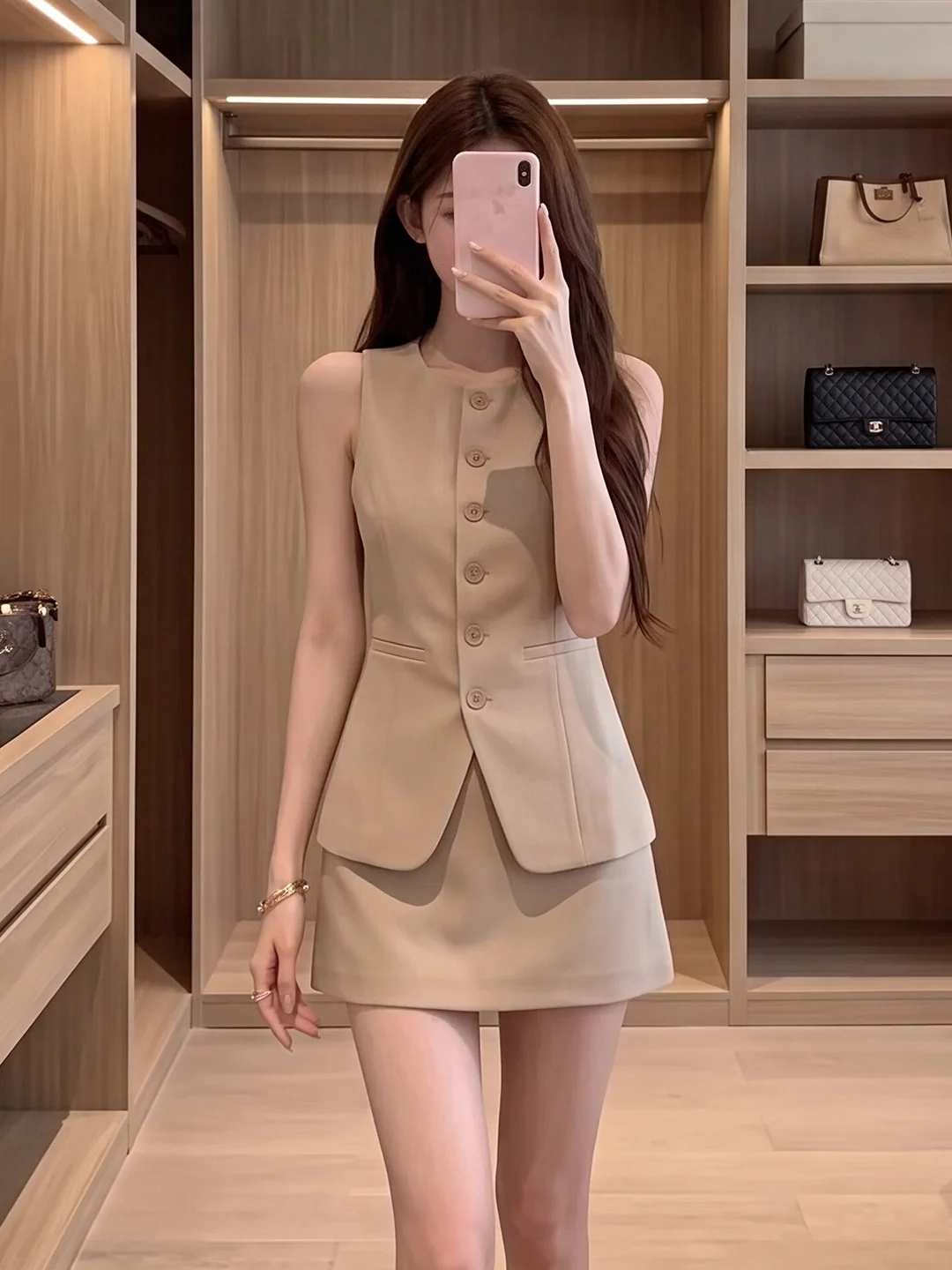 Summer 2026 Fashion High Waist Sleeveless Single Button Vest And  Skirt Two Piece Set Women's Matures Style Ensemble
