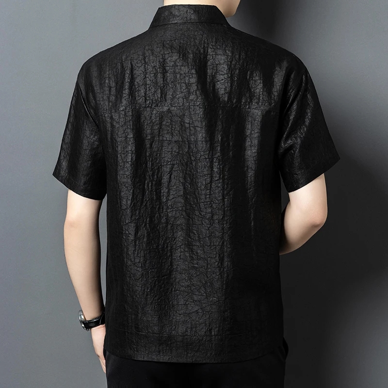Mulberry Silk 100% Luxury Polo Shirts For Men Short Sleeve Satin Summer Quality Gambiered Canton Gauze Patchwork Polos De Hombre