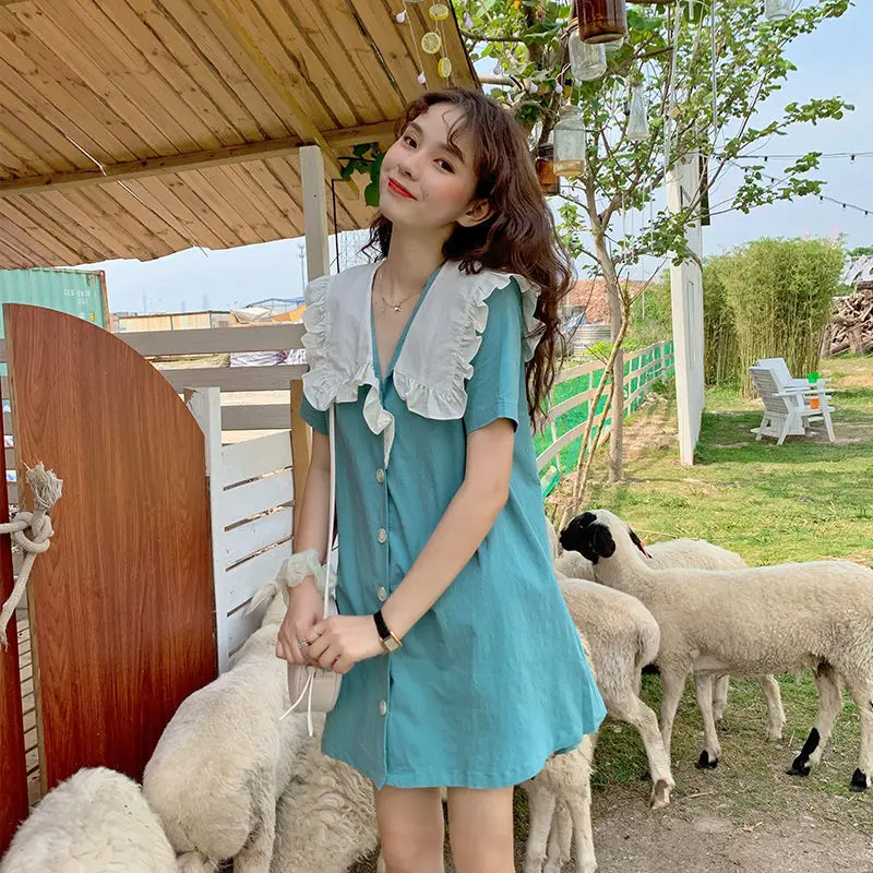 Sweet Contrast Patchwork Mini Dress Summer New Short Sleeve Solid Color Loose Button Elegant Dress Fashion Trend Women Clothing