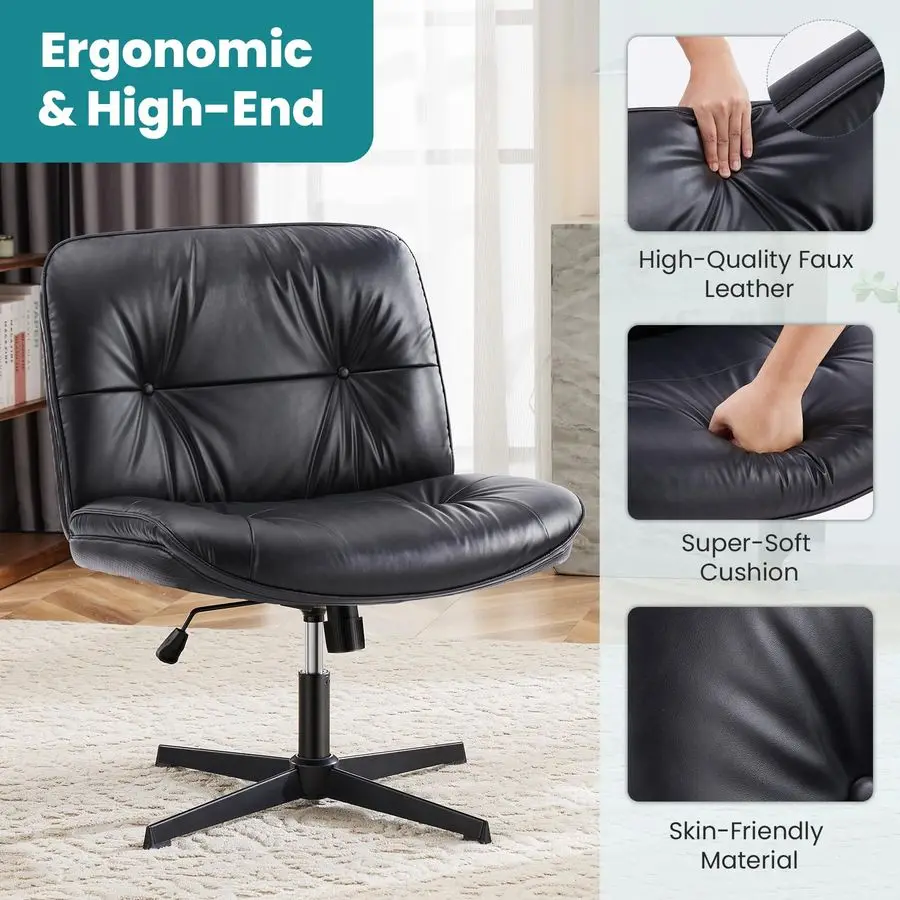 Criss Cross Chair Without Wheels, Cross Legged Office Chair, Armless Wide Vanity Desk Chair with Comfy PU Leatheramp Back Swivel